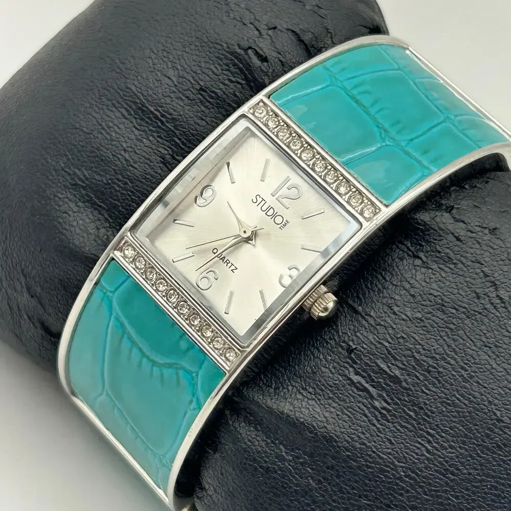 Studio Time Teal Silver Stainless Steel Women’s Quartz  Bangle Watch New Battery